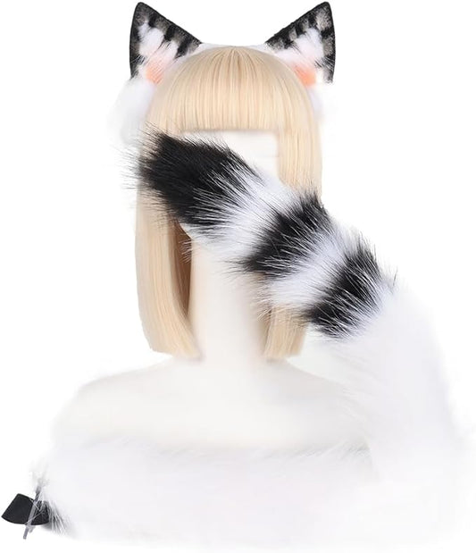 QinRuan Animal Cosplay Costume Accessories Furry Faux Fur Cat Ears Headband and Fox Tail Set Halloween Accessory