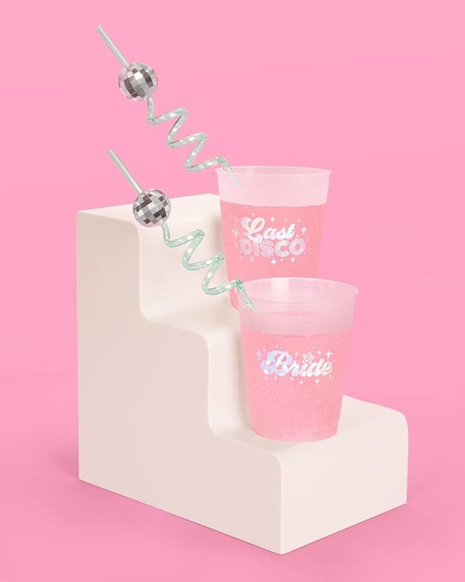 xo, Fetti Disco Ball Reusable Swirly Straw Set - 16 pc | Groovy Birthday Party Supplies, Last Disco Bachelorette Decorations, 70s, Space Cowboy