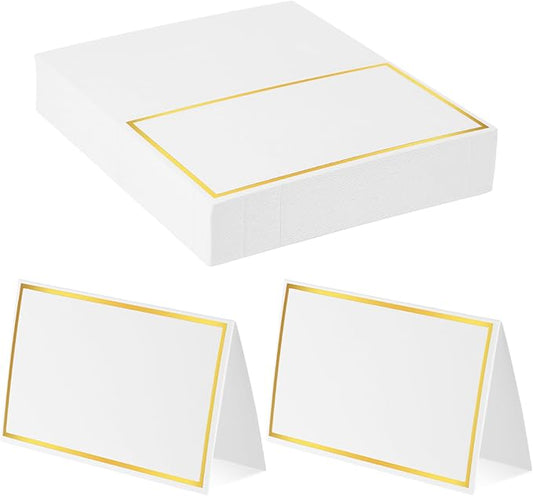 50Pcs Place Cards, Table Name Cards with Gold Foil, Place Card for Table Setting Food Labels for Party Buffet, Wedding Places Card Tent Carded for Dinner Parties,Events, Bridal Shower(White)