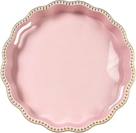 Pink Decorative Tray for Coffee Table, Wavy Scallop Beaded Plastic Serving Tray forKitchen Counter, Ottoman, Living Room, (13")