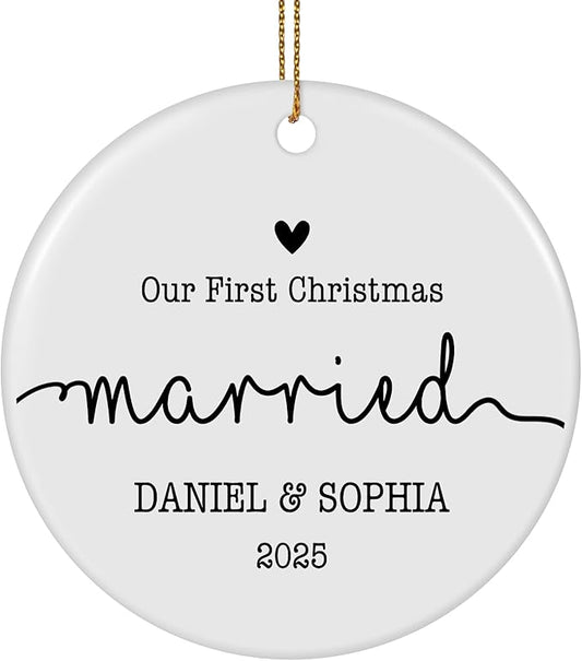 Personalized First Christmas Married Ornament 2025, Custom Engaged Christmas Ornaments with Names, Customized Wedding Engagement Gifts for Newlywed Couples Him Her