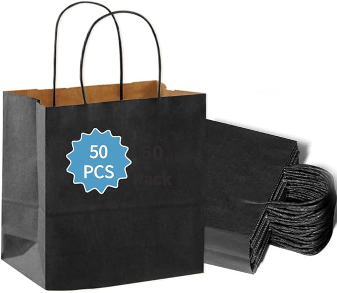 COGLARING 50Pcs Black Gift Bags with Handles - 11x5.9x11 Inch Paper Bag for Parties, Shopping, Grocery & Takeout - Black Paper Gift Bags Bulk