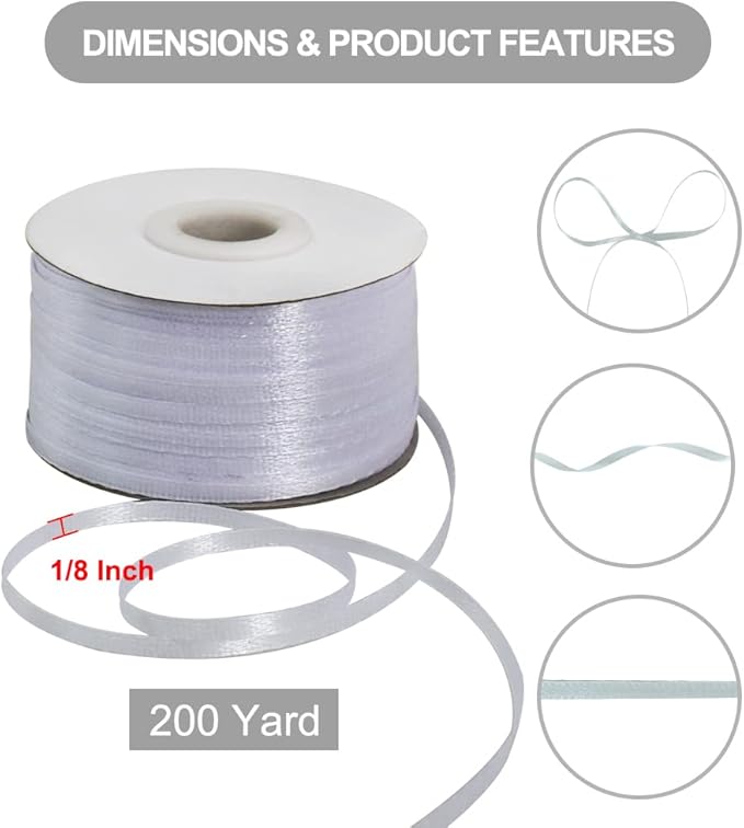 TONIFUL 1/8 Inch x 200 Yards White Thin Solid Satin Ribbon Giant Spool Double Face Ribbons for Crafts Hanging Tags Invitation Card Balloons Bouquet Hair Gift Wrapping Party Decoration