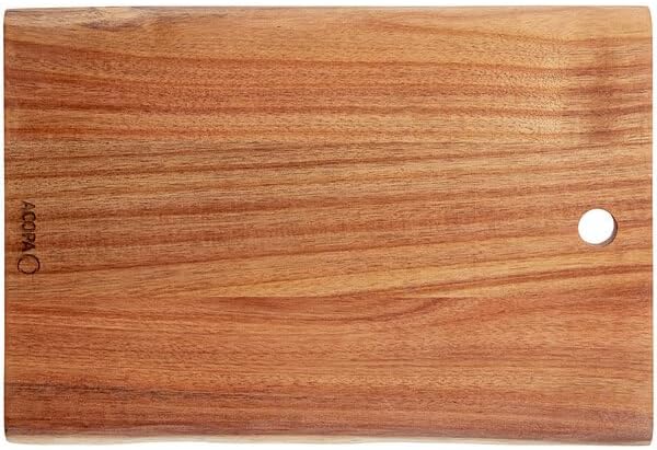 Live Edge Acacia Wood Serving Board, Brown, 14 x 9.5 Inches, Rectangular, Pre-Seasoned, with Hanging Hole for Charcuterie and Appetizers