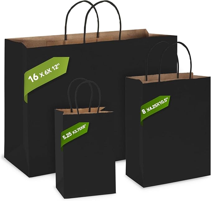 MESHA Gift Paper Bags 200 Pack 16X6X12 Black Large Shopping Kraft Bags Bulk with Handles Reusable for Business,Grocery,Birthday,Wedding,Kids Party,Favors
