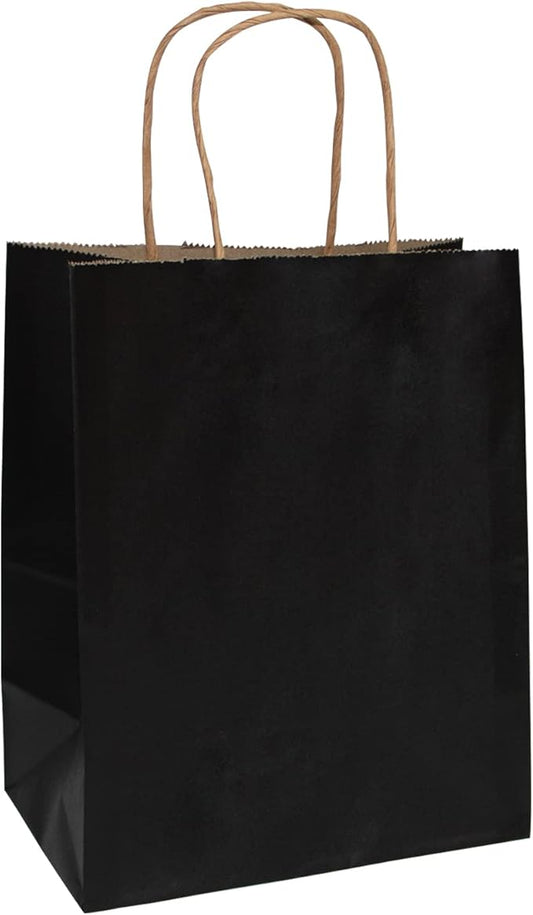 FACEBAG 50 PCS Black Paper Bags with Handles Bulk, 8x4.25x10.5 Inches,Medium-sized Gift Bags for Party Favors，Take-Out，Grocery Shopping & Retail,Christmas,weddings,Reusable & Durable