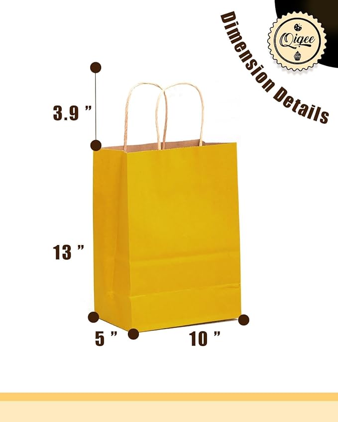 qiqee Large Kraft Paper Bags with Handles 13"x10"x5" 32 pcs Gift Paper Bag Bright Yellow Solid Color Bags（Large Size）