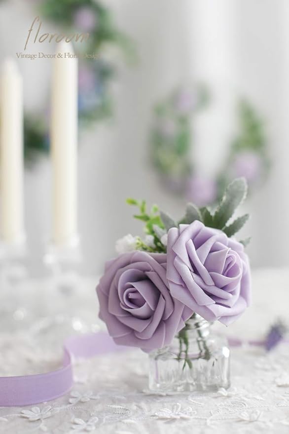 Floroom Artificial Flowers 25pcs Real Looking Lilac Foam Fake Roses with Stems for DIY Wedding Bouquets Bridal Shower Centerpieces Floral Arrangements Party Tables Home Decorations