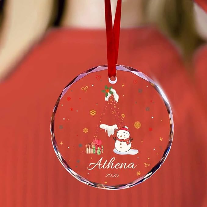 Personalized Round Christmas Crystal Glass Ornaments Custom 2025 Name Ornament for Christmas Tree Decorations Customized Xmas Tree Hanging Gifts for Family Boys Girls