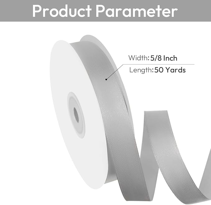 5/8" Width x 50 Yards Satin Fabric Ribbon, Silver Ribbon Perfect for DIY Bows, Swags, Gift Wrapping, Craft, Flower Bouquet，Christmas and Party Decoration