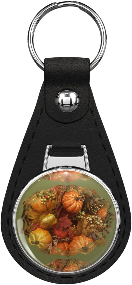 Cute Pumpkins Gold Olive fall autumn harvest arrangement by Iritof Leather Keychain Stainless Steel Ring for Keys, Bags, or Backpacks