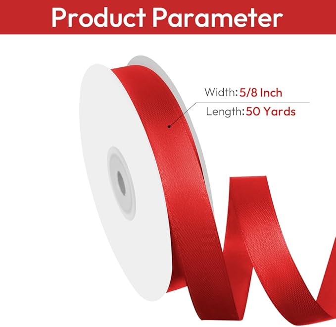 5/8" Width x 50 Yards Satin Fabric Ribbon, Red Ribbon Perfect for DIY Bows, Swags, Gift Wrapping, Craft, Flower Bouquet, Christmas and Party Decoration