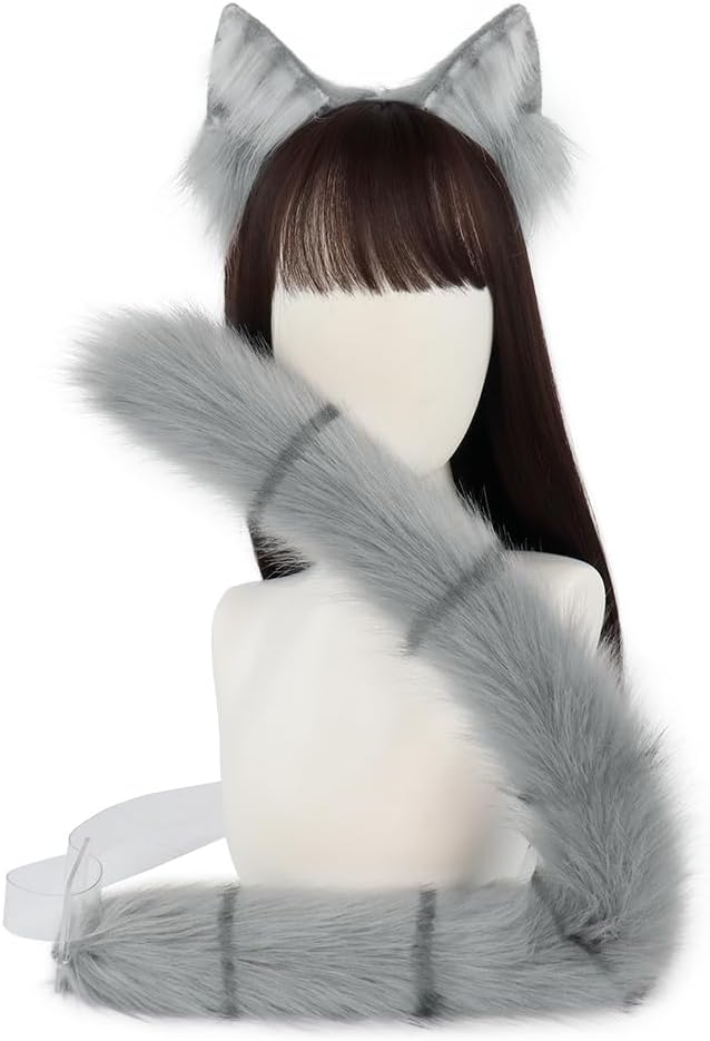 QinRuan Animal Cosplay Costume Accessories Furry Faux Fur Cat Ears Headband and Fox Tail Set Halloween Accessory