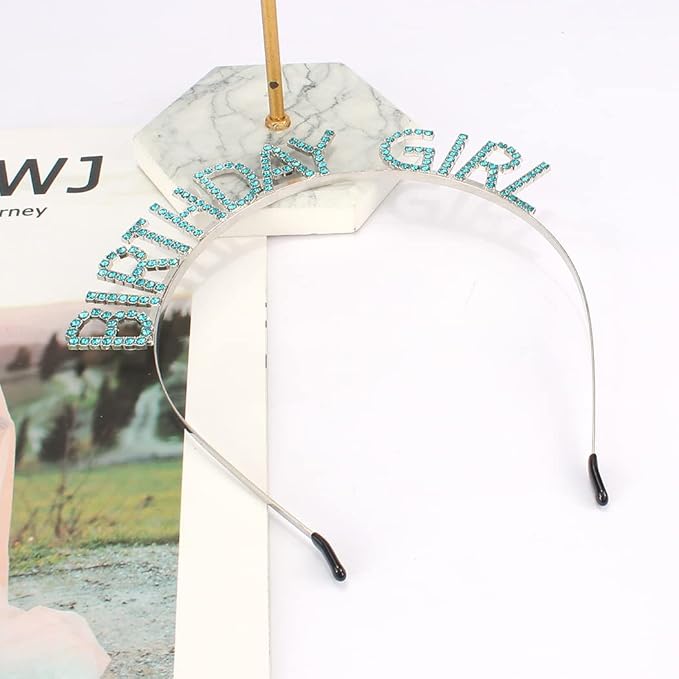 AOPRIE Hairband Birthday Tiara for Women Girls Happy Birthday Princess Crown Rhinestone Accessories, Silver Blue