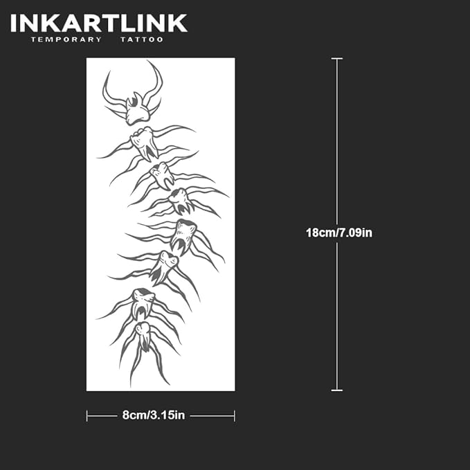INKARTLINK Tattoo Tech, 2 Sheets Medium Semi Permanent Tattoo, Adult Art Design Temporary Tattoos, Lasts 1-2 Weeks, Waterproof, Realistic Look, No Reflection (Tooth Spine)