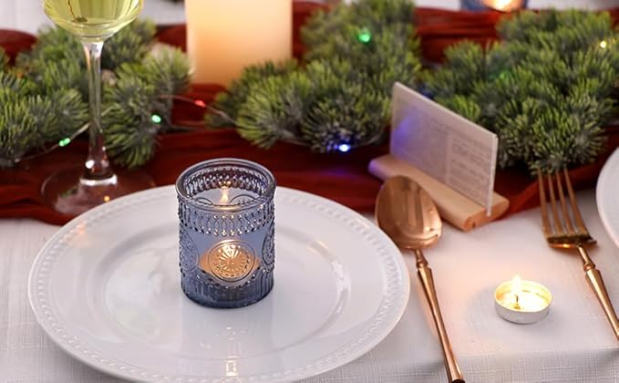 DEVI 24pcs Navy Blue Votive Candle Holders for Table Centerpieces, Blue Tealight Candle Holder for Bridal Shower Decorations, Boho Wedding Decorations for Home Party, Blue Sunflower Decor