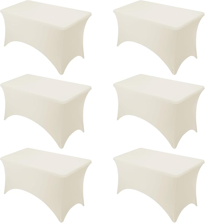6-Pack Premium Cream Spandex Tablecloths for 4ft Rectangle Tables, Stain & Wrinkle-Resistant, Washable Stretch Polyester Fitted Table Cover for Weddings, Banquets, Trade Shows Events