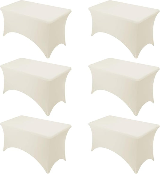 6-Pack Premium Cream Spandex Tablecloths for 4ft Rectangle Tables, Stain & Wrinkle-Resistant, Washable Stretch Polyester Fitted Table Cover for Weddings, Banquets, Trade Shows Events