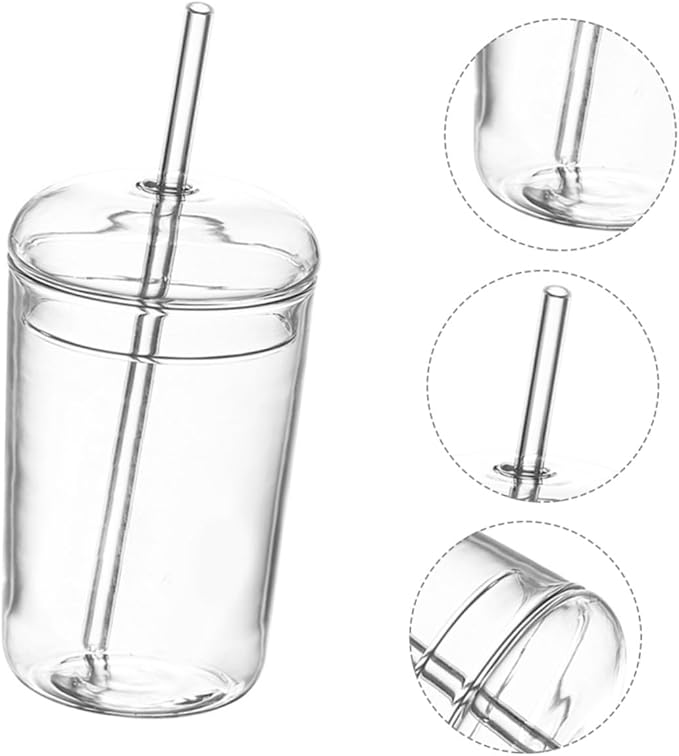 Large Capacity Glass Drinking Mug with Straw Decorative Transparent Juice Cup for Home Office Hotels Smooth Rim Easy to Clean Beverage Container