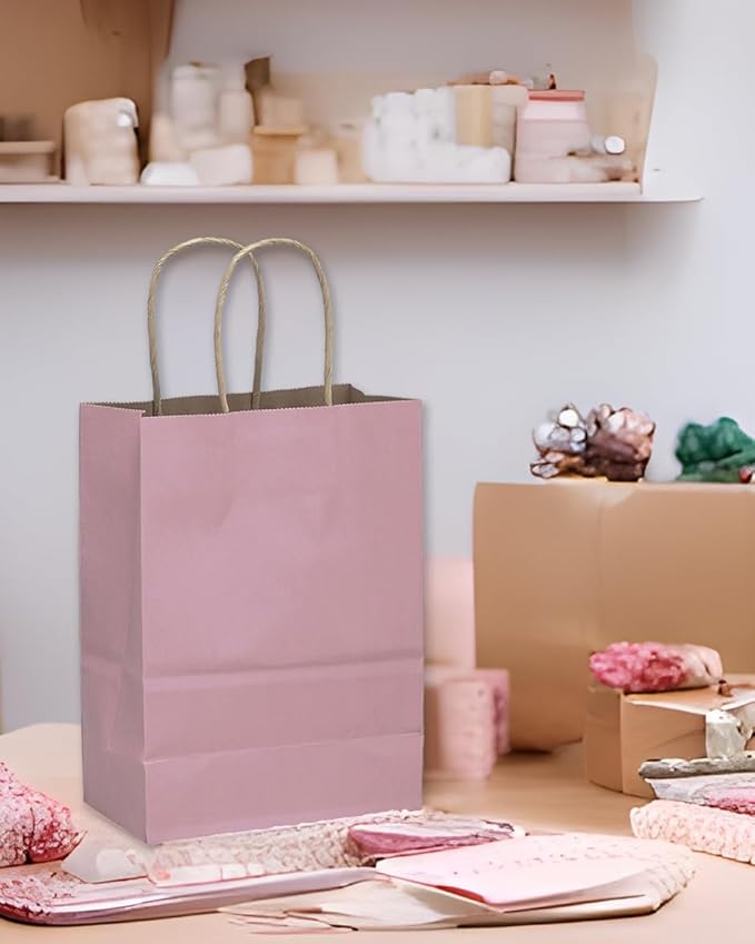 qiqee Large Kraft Paper Bags with Handles 13"x10"x5" 32 pcs Gift Paper Bag Pink Solid Color Bags（Large Size）