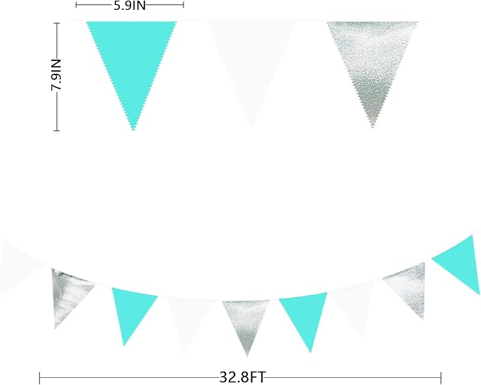 32Ft Teal Blue Silver Party Decorations Silver Aqua Green Fabric Pennant Triangle Banner Flag Streamer Garland for Under The Sea Birthday Ocean Baby Shower Summer Gender Reveal Party Decor Supplies