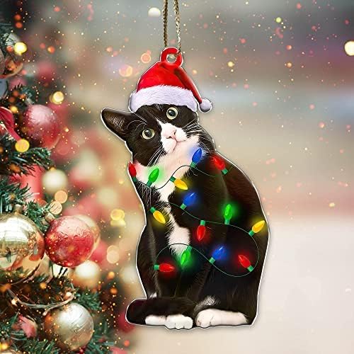 Tuxedo Cat Christmas Acrylic Ornament – Black and White Cat Ornament, Customizable with Name - Easily Add Name with Marker (Marker Not Included)