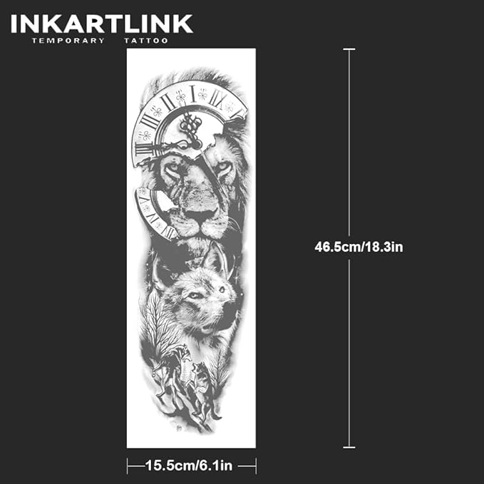 INKARTLINK Semi Permanent Tattoo, 2 Pieces Full Arm Large Size Art Party Tattoos, Comes with a Pair of Anti-Transfer Sleeves, Lasts 7-15 Days, Waterproof and Anti-Reflective (Lion, Wolf, Clock)