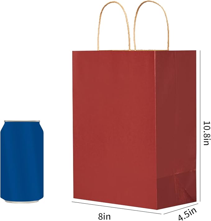 METAPRINT 100 Pcs Paper Gift Bags 8x4.5x10.8 Inch Red Kraft Bag with Handles Bulk for Birthday Wedding Party Favor Bags, Paper Shopping Bags