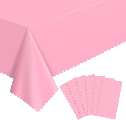 6 Pack Plastic Pink Tablecloth, 54 X 108Inch Party Table Covers Pink Scalloped Table Cloths for Rectangle Tables Disposable Tables Cover for Picnic Baby Shower Tea Party Wedding Bridal