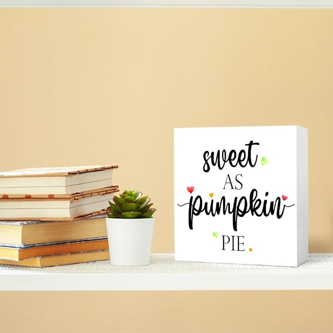 Funny Autumn Wood Box Sign Sweet as Pumpkin Pie Wooden Block Desk Decor for Home Office Kitchen Cubicle Table Shelf Tabletop,Farmhouse Fall Sign Decor