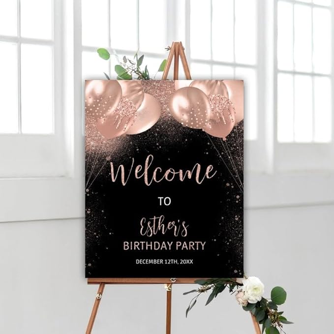 Birthday Sign, Rose Gold Glitter Balloons Birthday Party, Birthday Welcome Sign, Personalized Birthday Sign for Easel, Happy Birthday Yard Sign