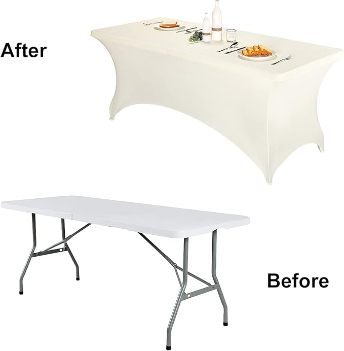 FORLIFE 2Pack Spandex Table Covers，Fitted Tablecloth for Rectangular Tables, Stretch Patio Table Covers, Universal Spandex Table Cover for Wedding, Banquet, Party (8ft, Ivory)