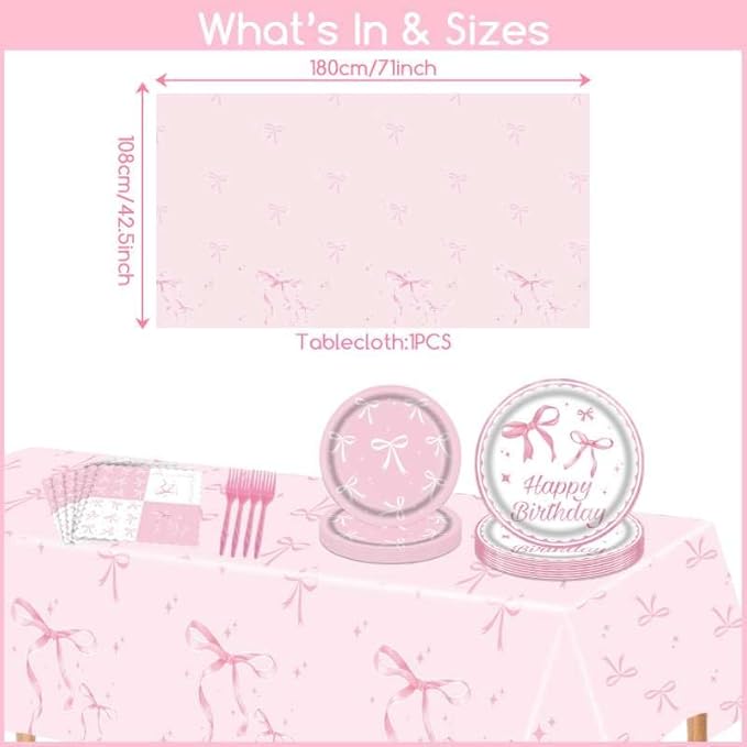101Pcs Bow Birthday Decorations Pink Bow Themed Party Tableware Set-Paper Plates and Napkins,Forks,Pink Bow Tablecloths for Baby Shower Party,Girls Birthday Party,Serves 25 Guests