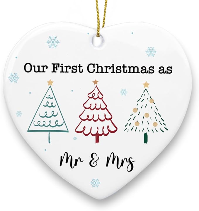 Our First Christmas as Mr Mrs Married Ornament Wedding Anniversary Couples Gifts for Him Her Husband Wife Wedding Christmas Heart Ceramic Xmas Tree Ornament Decorations