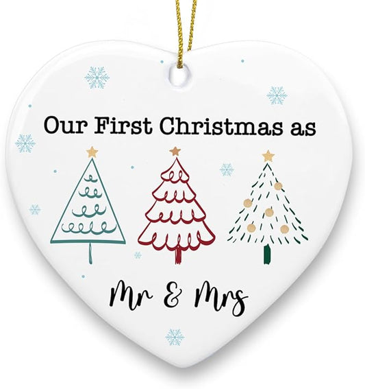 Our First Christmas as Mr Mrs Married Ornament Wedding Anniversary Couples Gifts for Him Her Husband Wife Wedding Christmas Heart Ceramic Xmas Tree Ornament Decorations