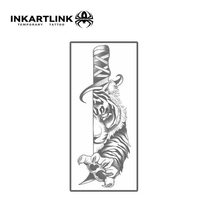 INKARTLINK Tattoo Tech, 2 Sheets Medium Semi Permanent Tattoo, Adult Art Design Temporary Tattoos, Lasts 1-2 Weeks, Waterproof, Realistic Look, No Reflection (Tiger Sword)