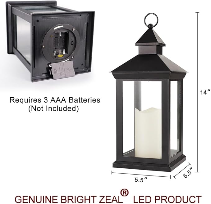 Bright Zeal 14" Decorative Candle Lantern Black Outdoor Lanterns with Timer Candles - Cool White Waterproof Vintage Lanterns Battery Powered LED Decorative for Wedding - Hanging Wall Lanterns Indoor