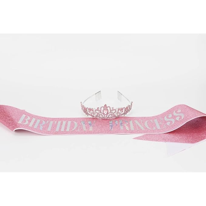 Birthday Queen Tiara & Sash for Women Girls, Rhinestone Headband Princess Crown with comb Happy Birthday Party Decorations Favors Supplies (Pink)