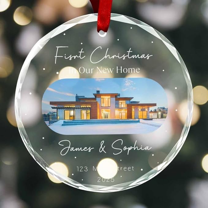 Personalized Round Christmas Crystal Glass Ornaments Custom Xmas 2025 Ornament for Christmas Tree Decorations Customized First Christmas in New Home Tree Hanging