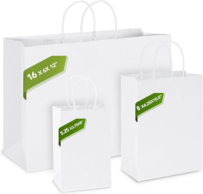 MESHA Gift Paper Bags 400 PACK 16x6x12 Inch White Large Shopping Kraft Bags Bulk with Handles Reusable for Business,Grocery,Birthday,Wedding,Kids Party,Favors