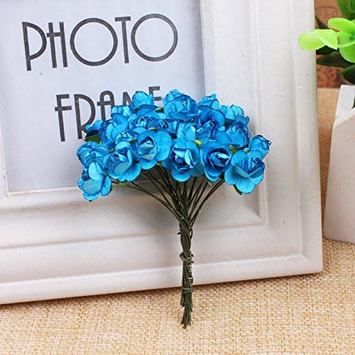 144pcs Mulberry Paper Mini Roses Artificial Flowers Heads with Stems for DIY Crafts Accessories Make Bridal Hair Clips Headbands Dress Wedding Bridal Bouquet Home Decor Valentine's (Turquoise Blue)