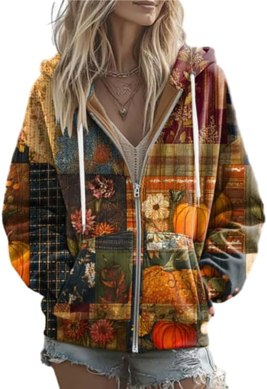OSCORP Women’s Boho Patchwork Floral Embroidered Hoodie, Vintage Mixed Pullover Sweatshirt with Drawstring for Fall Winter