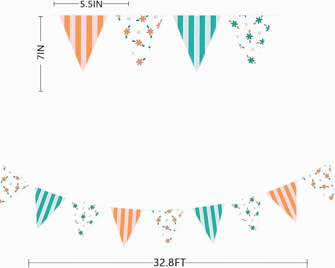 32Ft Italian Summer Party Decorations Orange Green Summer Wavy Floral Stripe Fabric Pennant Banner Triangle Flag Garland Streamer for Last Toast Coast Birthday Summer Baby Shower Bachelorette Supplies