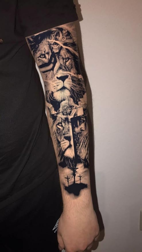 INKARTLINK Semi Permanent Tattoo, 2 Pieces Full Arm Large Size Art Party Tattoos, Comes with a Pair of Anti-Transfer Sleeves, Lasts 7-15 Days, Waterproof and Anti-Reflective (Lion, Jesus)