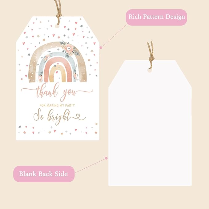 Thank You Tags, 50PCS Rainbow Tags, Boho Pastel Gift Tags with String, 2.2"x3.3" Paper Thank You Tags for Baby Shower, Birthday, Wedding, Party Favors (Rainbow Thank You)