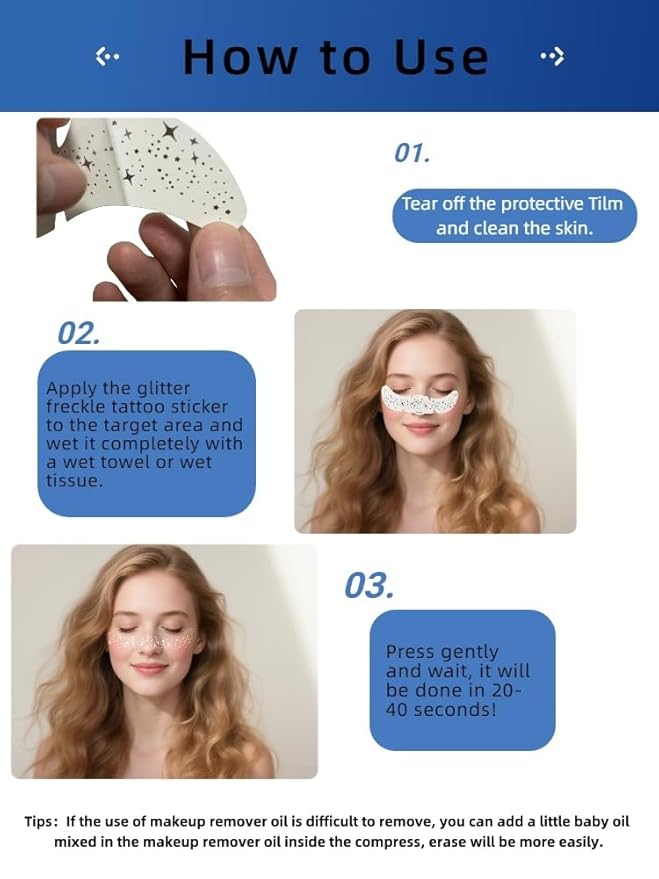Glitter Freckles Temporary Face Tattoos, 6pcs Makeup Patches, Rose Gold, Silver and Gold Glitter Freckles Face Tattoo (C-Freckle)