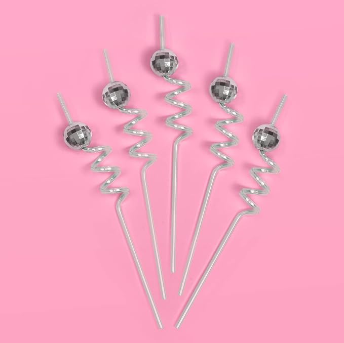 xo, Fetti Disco Ball Reusable Swirly Straw Set - 16 pc | Groovy Birthday Party Supplies, Last Disco Bachelorette Decorations, 70s, Space Cowboy