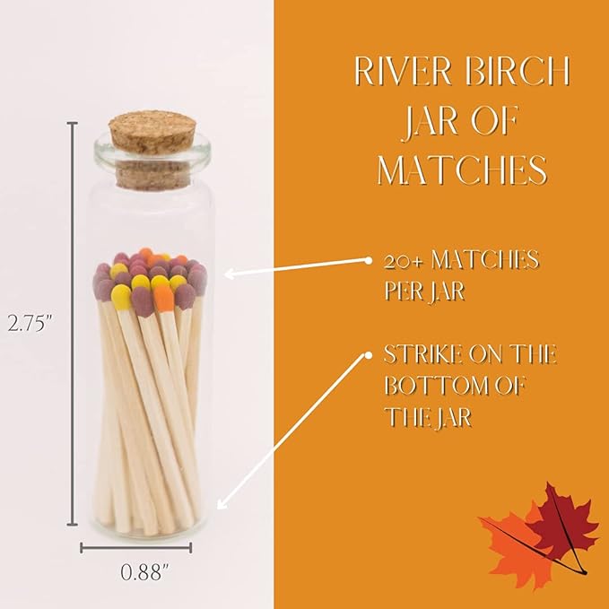 River Birch Decorative Matches in a Bottle with Striker - Cute & Colored Matches - 2 Bottles, Fall Leaves Tip, 40 Matches