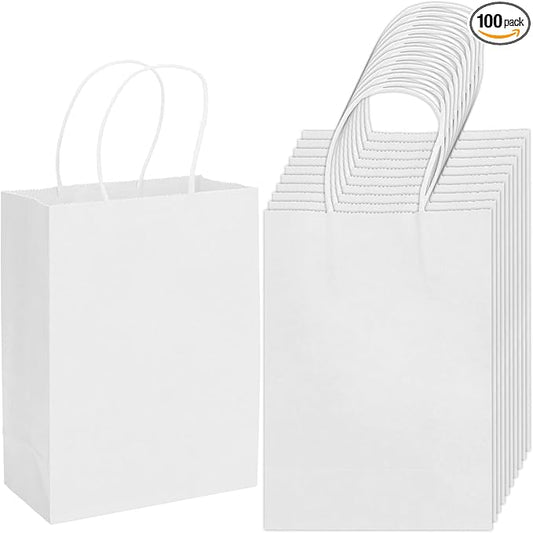 100 Pack 5.9x3.15x8.26 inch Small White Gift Bags, Kraft Bags with Handles Bulk for Birthday Party Favors,Gift Paper Bags,Retail Shopping Business Goody Craft Gift Bags