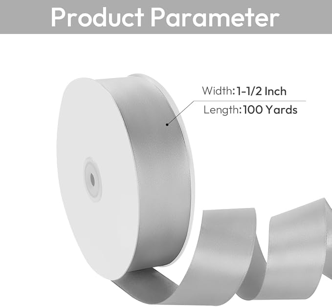 1-1/2" Width x 100 Yards Satin Ribbon, Silver Ribbon Perfect for DIY Craft, Bows, Gift Wrapping, Flower Bouquet, Valentine's Day, Christmas and Party Decoration
